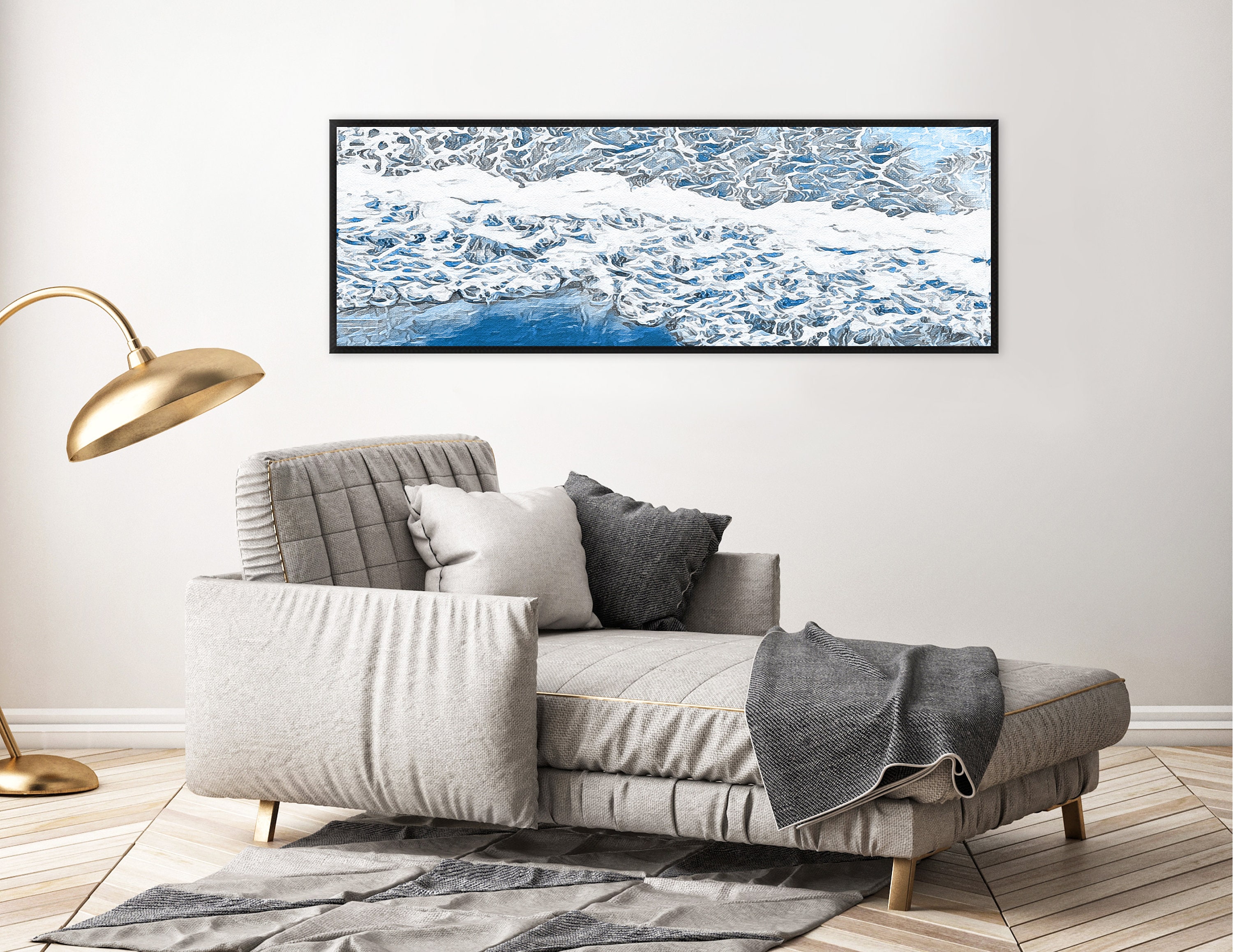 Wave watercolor seascape painting. Blue coastal wall art