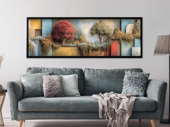 Abstract Panoramic Canvas Print - Surreal Mid Century Modern Style Landscape Wall Art, Boho Abstract Fantasy Decor, Apartment Decor Art Work