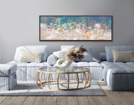 Floral meadow wall art, oil landscape painting on canvas - ready to hang large wrapped canvas wall art prints with or without floating frame