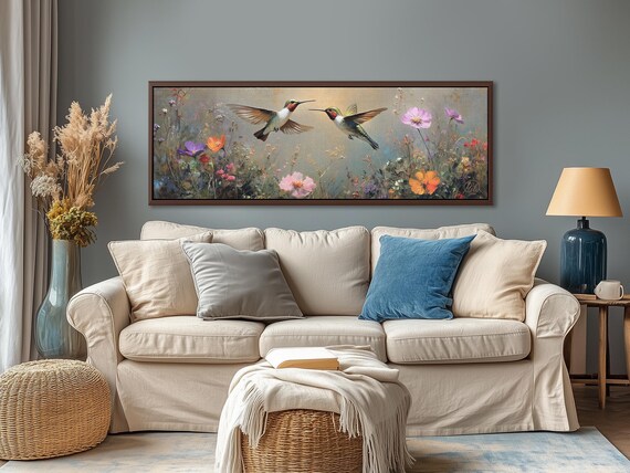 Hummingbirds over Wildflowers Panoramic Canvas Art - Aesthetic Room Decor, Colorful Wall Art