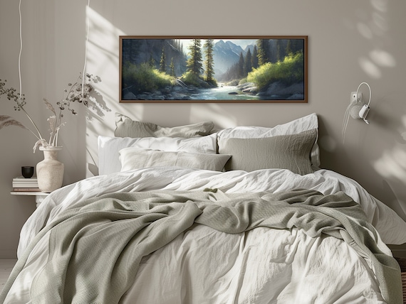 Mountain River Wall Art, Oil Painting Style Landscape By Mela - Large Gallery Wrapped Canvas Wall Art Print With/Without Floating Frame