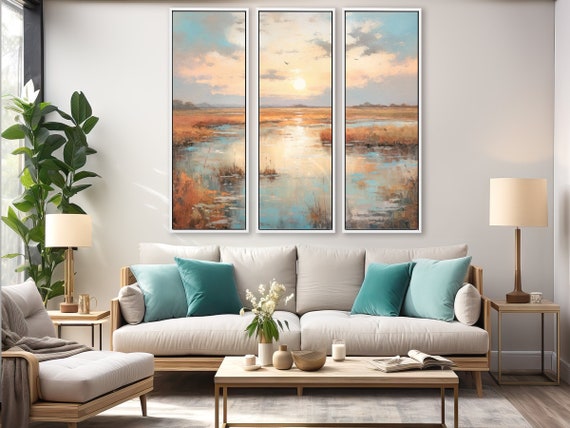 Set Of 3 Prints Of The Sunrise Over The Coast. Large Framed Wall Art, Landscape Oil Paintings Printed on Canvas With/Without Floating Frames