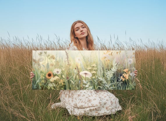 Floral Meadow Panoramic Canvas – Large Ready to Hang Wall Art Print