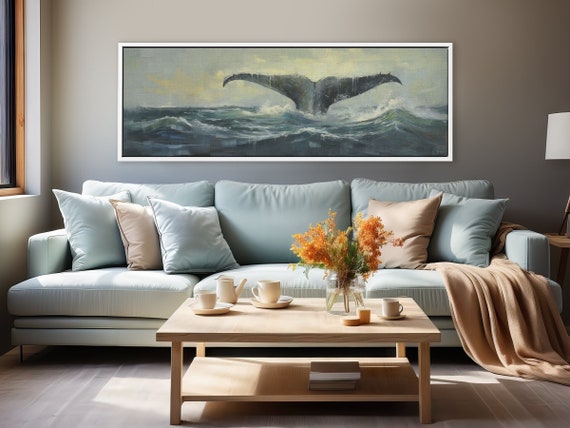 Whale Fin Nautical Ocean Scene Wall Art On Canvas By Mela - Large Panoramic Art Print With/Without Floating Frames