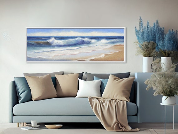 Ocean Beach Waves Coastal Wall Art, Oil Painting On Canvas By Mela - Large Panoramic Canvas Wall Art Prints With Or Without Floating Frames.