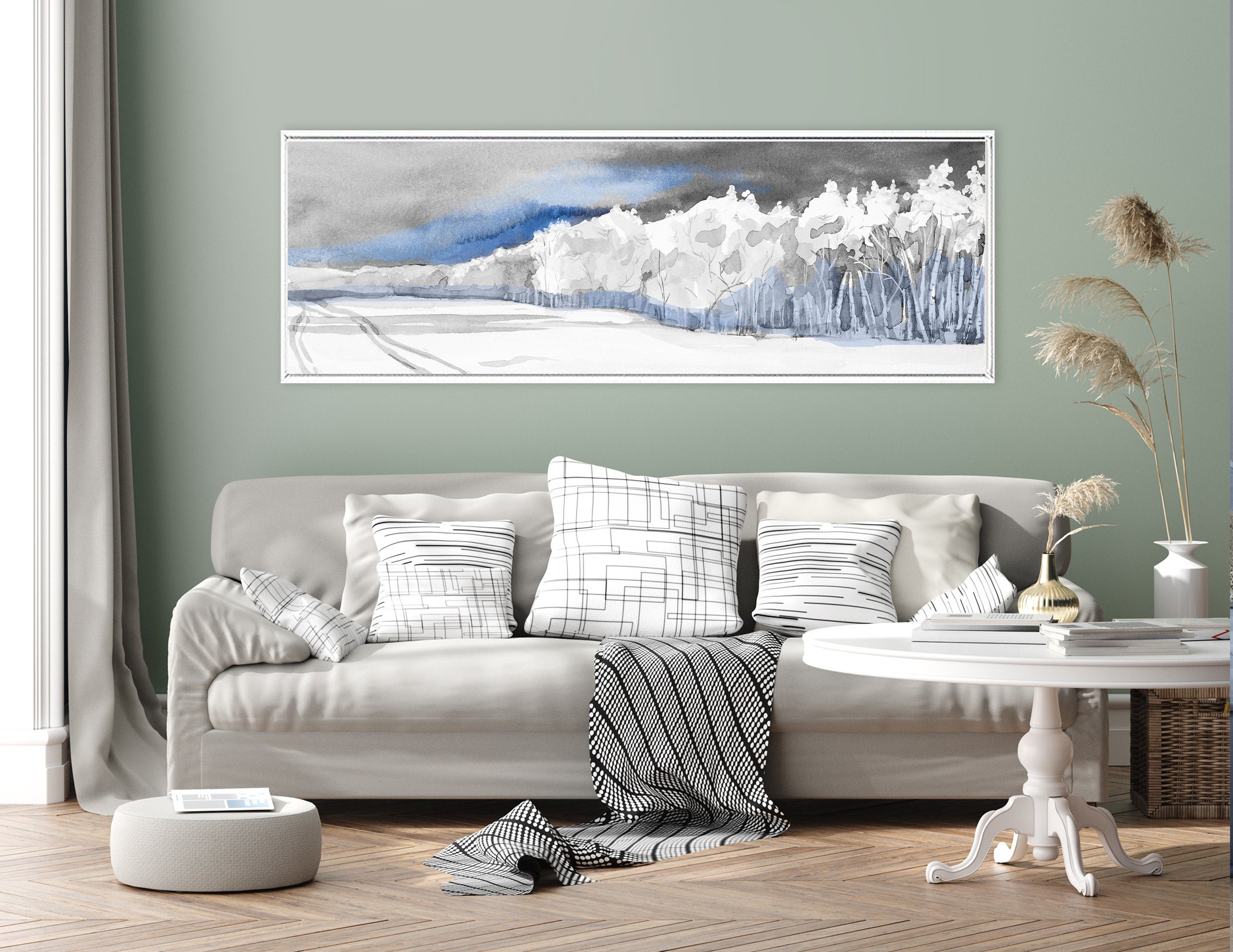 Large Blue And Gray Watercolor Forest Landscape Minimalist Framed Art