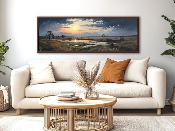 Sunset Meadow Canvas – Panoramic River Landscape Wall Art with Stormy Sky