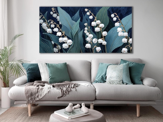 Lily of the Valley Botanical Canvas Print: White Flowers in a Turquoise and Navy Blue
