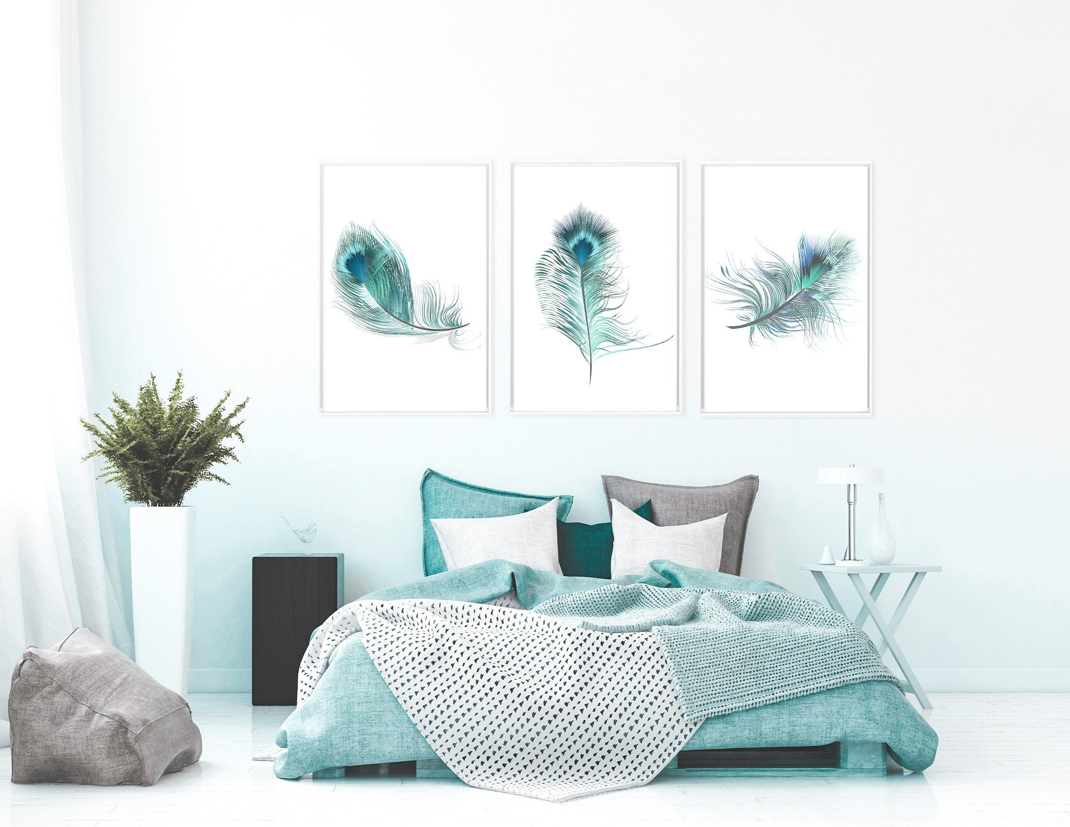 Peacock Feathers Teal Wall Art Decor Large Wall Art Unique