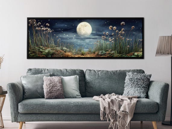 Moon over the Meadow Wall Art – Night Landscape Panoramic Canvas Print, Moon Bedroom Wall Decor, Dark Academia Nature Print