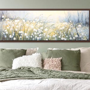 Salbei grüne Wandkunst: Maiglöckchen Wiese, Botanische Wandkunst auf Leinwand, Über dem Bett Kunst, Panorama Leinwand Druck der Geburtsblume