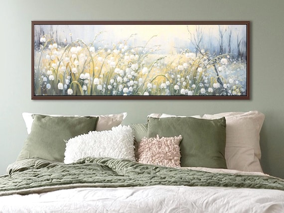 Sage Green Wall Art: Lily Of The Valley Meadow, Botanical Wall Art On Canvas, Above Bed Art, Panoramic Canvas Print of Birth Flower Gift
