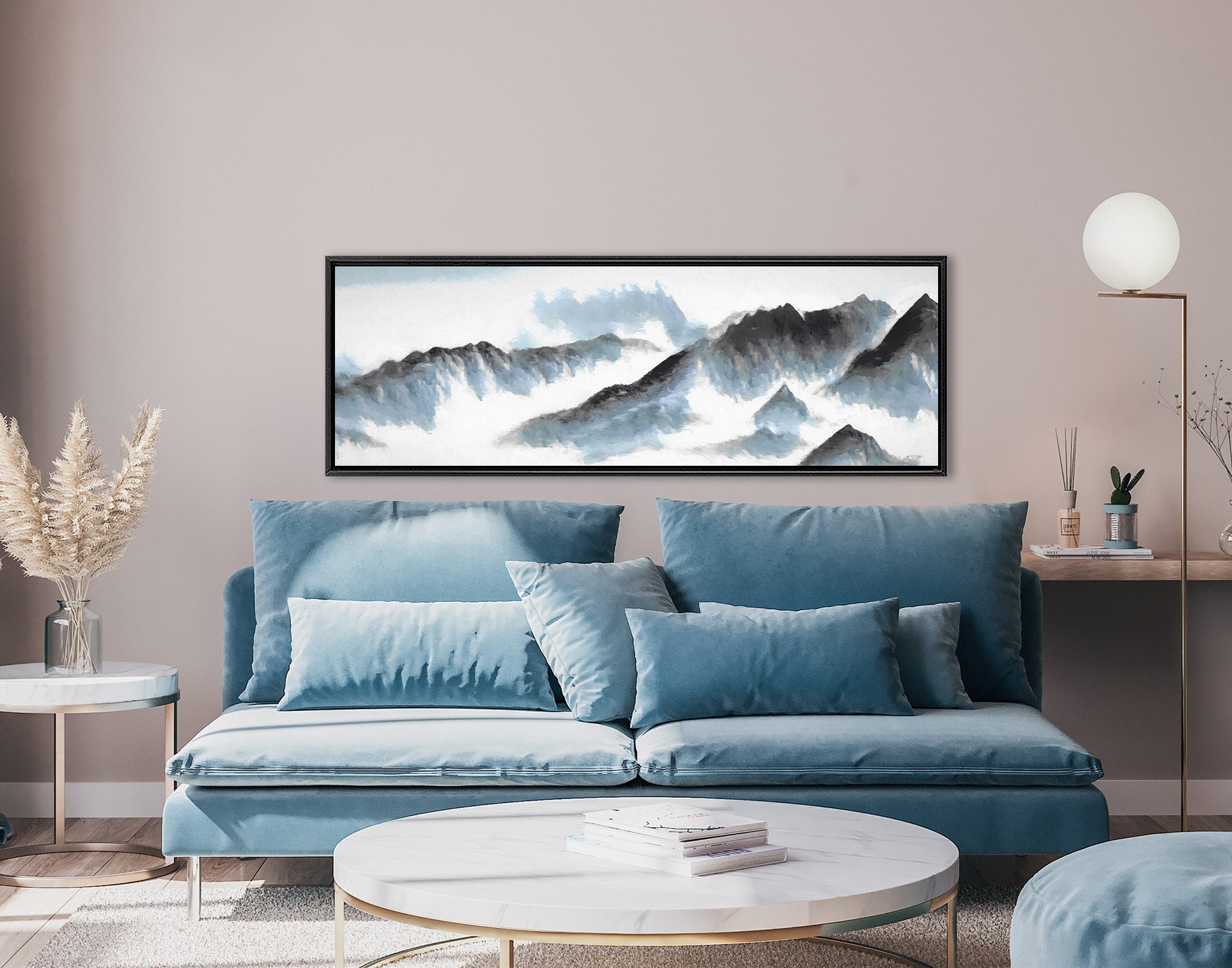 Gray And Blue Mountains Landscape, Oil Painting On Canvas Large