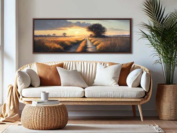 Meadow Path At Sunset, Oil Landscape Painting On Canvas By Mela - Large Gallery Wrapped Canvas Wall Art Prints With/Without Floating Frames.