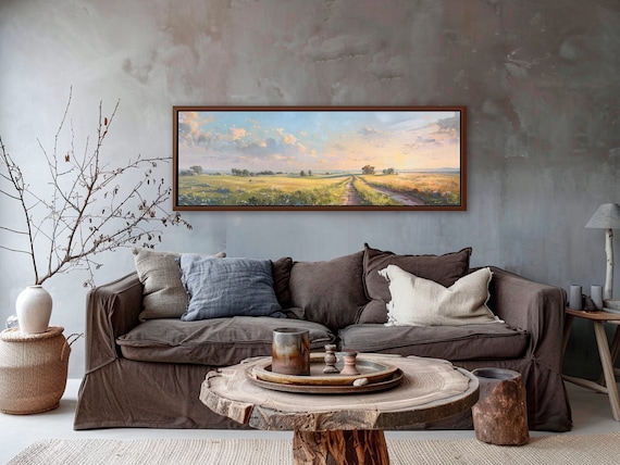 Sunset Country Road Canvas – Golden Landscape Print with Meadows & Fields, Rustic Wall Art, Extra-Wide Horizon, Ready to Hang