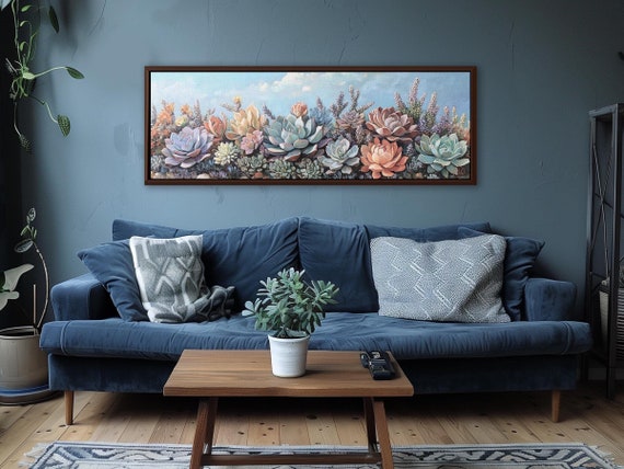 Panoramic Canvas Print. Succulent Garden - Modern Wall Decor in Green, Orange and Purple Large Botanical Decor