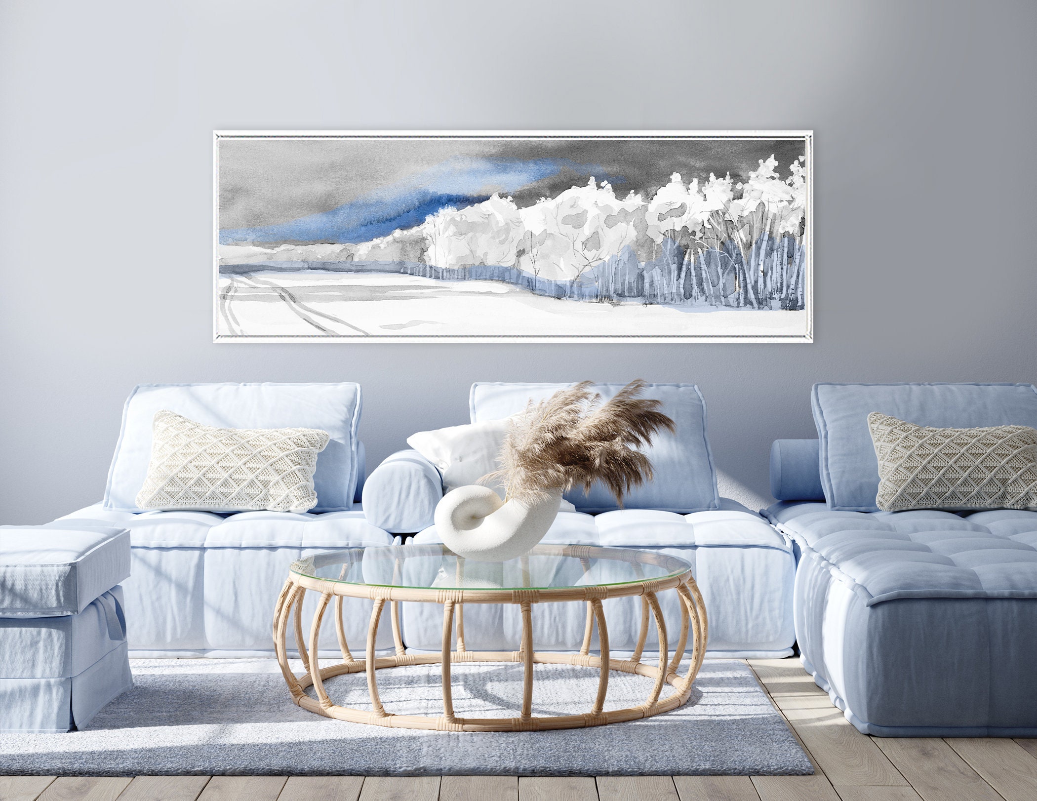 Large blue and gray watercolor forest landscape minimalist framed art