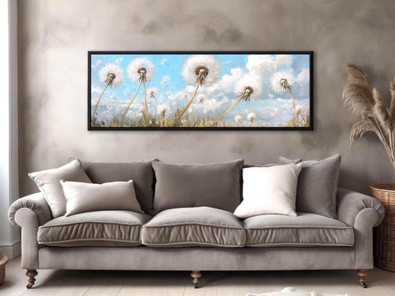 Dandelion Wall Art – Large Botanical Canvas Framed Floral Wall Art, Soft Blue Sky Art, Cottagecore Wildflower Field Airy Spring Nature Print