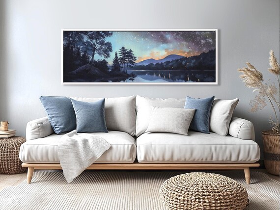 Starry Night Lake – Panoramic Canvas Wall Art, Moody Twilight Landscape, Framed Wall Art, Dark Forest Scene, Above Couch Decor Japandi Style