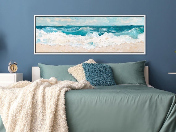 Long Narrow Abstract Wave Wall Art in Neutral Colors - Large Framed Canvas for Above Bed Decor