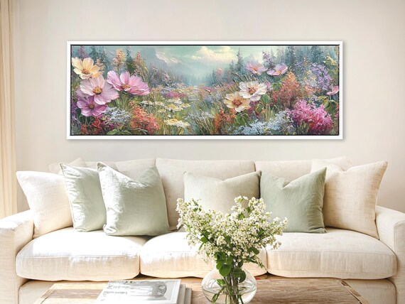Wildflower Meadow Wall Art - Large Canvas Print, Framed or Unframed - One-of-a-Kind Rustic Floral Landscape for Living Room, Above Bed Decor