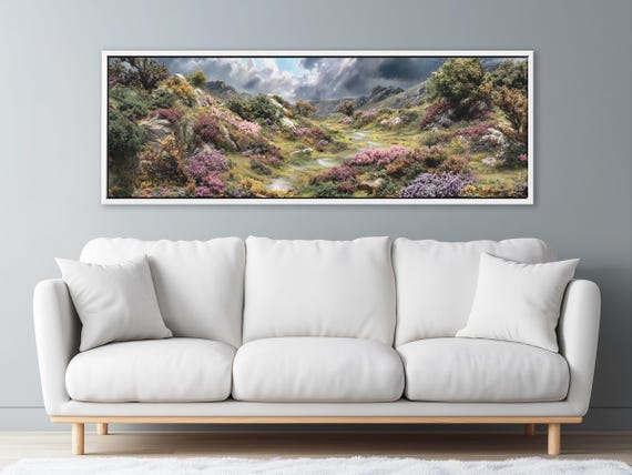 Long Horizontal Moss Diorama, Large Panoramic Wall Art Print, Misty Mountain Landscape Framed Canvas Home Decor Wall Art For Living Room