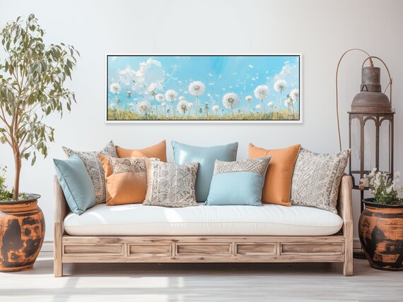 Soft Wall Art – Dandelion Wishes Print | Fine Art on Canvas | Large Boho Canvas Wall Art | Above Bed Decor | Cottagecore Wildflower Painting
