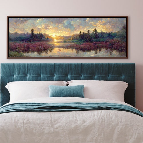 Forest Lake Sunset Canvas Print | Rustic Cabin Wall Decor | Golden Hour Landscape | Warm Tone Large Bedroom Art | Serene Water Reflection