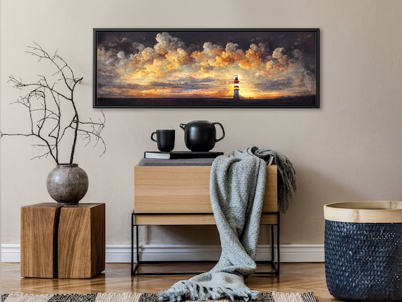 Sunset Lighthouse In Clouds, Oil Landscape Painting On Canvas - Large Gallery Wrapped Canvas Wall Art Prints With Or Without Floating Frames