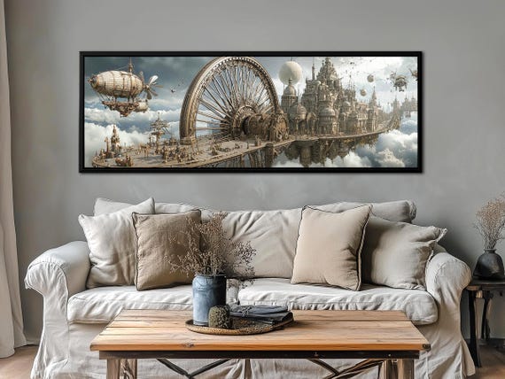 Steampunk Industrial Panoramic Canvas Print - Floating Cityscape
