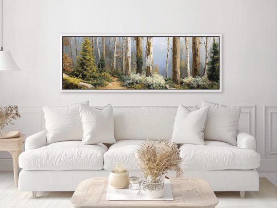 Pine Forest Canvas Print – Extra Wide Woodland Landscape Wall Art, 3D Realistic Nature Scene for Cabin or Forestcore Living Room