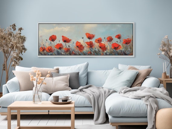 Wildflower Meadow with Poppies. Panoramic Canvas Print - Colorful Maximalist Wall Art