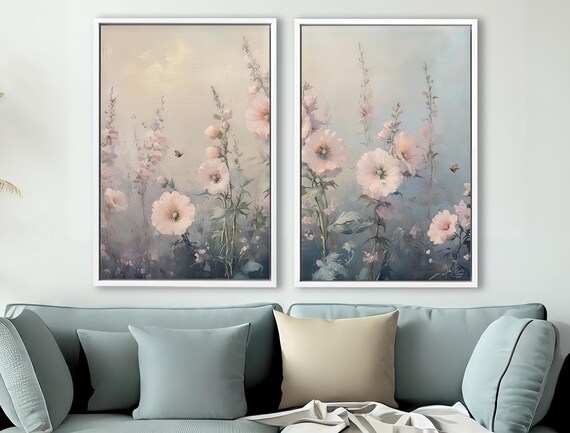 Framed Canvas Wall Art Prints Set of 2 Wildflower Botanical Floral Wall Art Minimalist Modern Boho Wall Art Living Room Decor