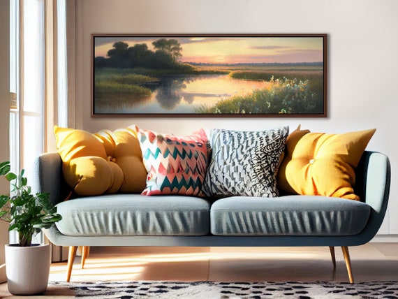 Meadow Pond Sunset Wall Art, Oil Landscape Painting On Canvas By Mela - Large Gallery Wrapped Canvas Art Prints With/Without Floating Frames