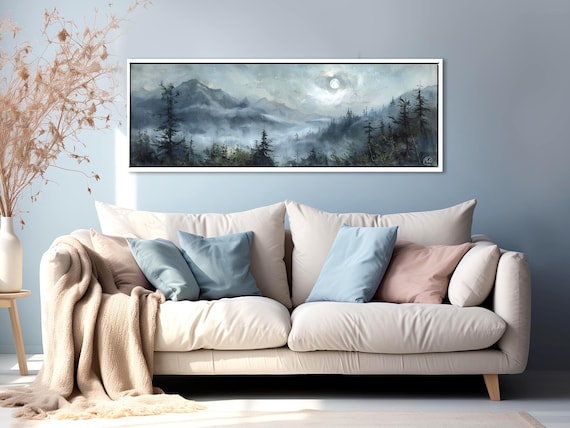 Moon Over Foggy Forest Blue Mountain: Moody Wall Art For Above Bed Decor. Dark Cottagecore Forest Wall Decor