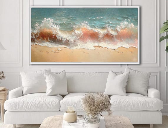 Extra Large Framed Calming Waves Wall Art, Impresion 3d curve waves Oil Painting Print Above Bed Decor Long Narrow Panoramic Large Painting
