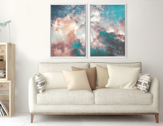 Clouds, celestial oil painting on canvas - set of 2 ready to hang large gallery wrap canvas wall art prints with or without floating frames.
