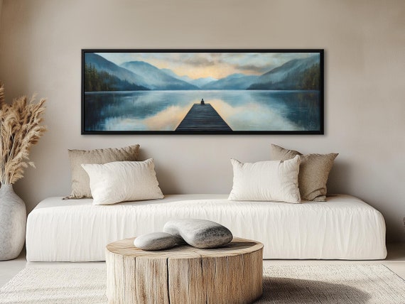 Zen Wall Art- Large Panoramic Wall Art Above Bed Decor, Lakeside Sunset Canvas Wall Art Print for Meditation