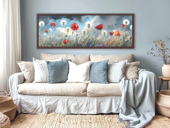 Meadow Wall Art - Vintage Style Decor - Large Wall Hanging - Horizontal Oil Panting Print Panoramic Canvas Print Above Bed Floral Wall Art