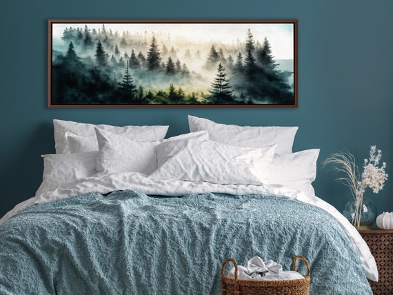Foggy Mountain Forest Wall Art, Oil Landscape Painting On Canvas by Mela - Large Panoramic Canvas Wall Art Print With/Without Floating Frame