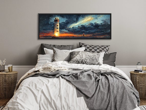 Sunset Lighthouse At Dusk, Oil Landscape Painting On Canvas - Large Gallery Wrapped Canvas Wall Art Prints With Or Without Floating Frames.