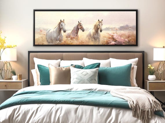 Horses on the foggy meadow. Landscape printed on canvas created by Mela - Large wall art