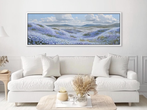 Forget Me Not Blue Hills Wall Art, Perfect Blue Shades Panoramic Canvas Print. Framed Wall Art, Meadow Landscape Art, Oil Painting Style Art