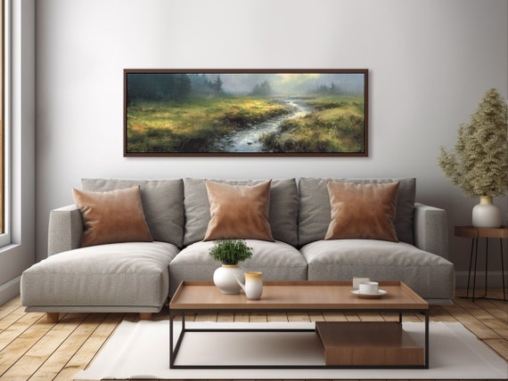 Meadow Stream In Grassy Fields, Aesthetic Painting On Canvas By Mela - Large Panoramic Canvas Wall Art Prints With / Without Floating Frames