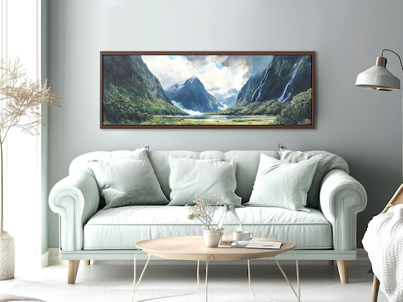 Large Panoramic Milford Track Canvas — New Zealand Mountain and Forest Landscape Print, Extra Wide Ready to Hang Wall Art