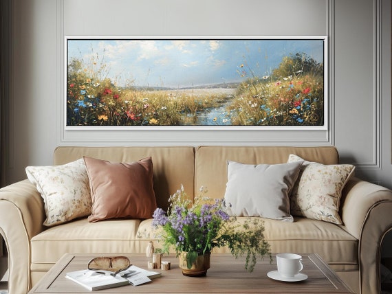 Vibrant Wildflower Meadow Panoramic Canvas, Nature Wall Art for Cottagecore Decor