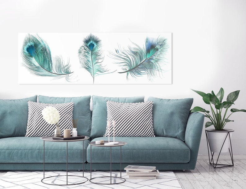 Teal Wall Art Decor Peacock Feathers Large Wall Art Unique Etsy
