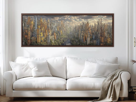 Fantasy City Panoramic Canvas Print, Floating City Wall Art, Surreal Landscape Painting, Large Sci Fi Decor, Living Room 3D Industrial Art