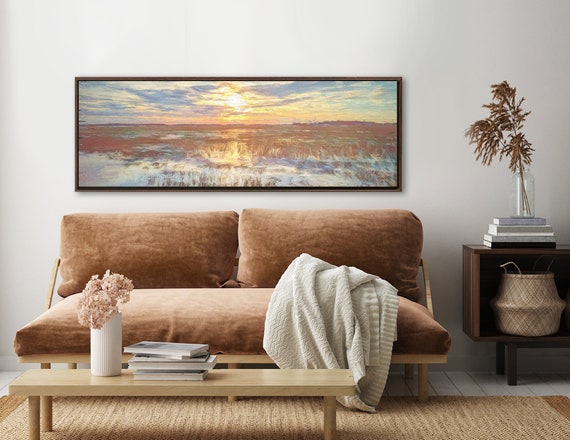 Sunset, Coastal Oil Landscape Painting On Canvas - Ready To Hang Large Gallery Wrap Canvas Wall Art Prints With Or Without Floating Frames.