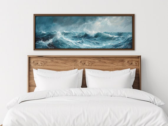 Stormy Ocean Waves Framed Canvas Print: Large Blue Coastal Decor